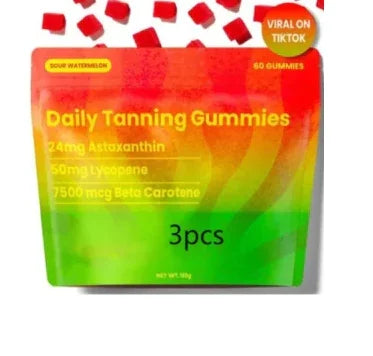 Sour watermelon daily tanning gummies pouch with supplement details and red gummies