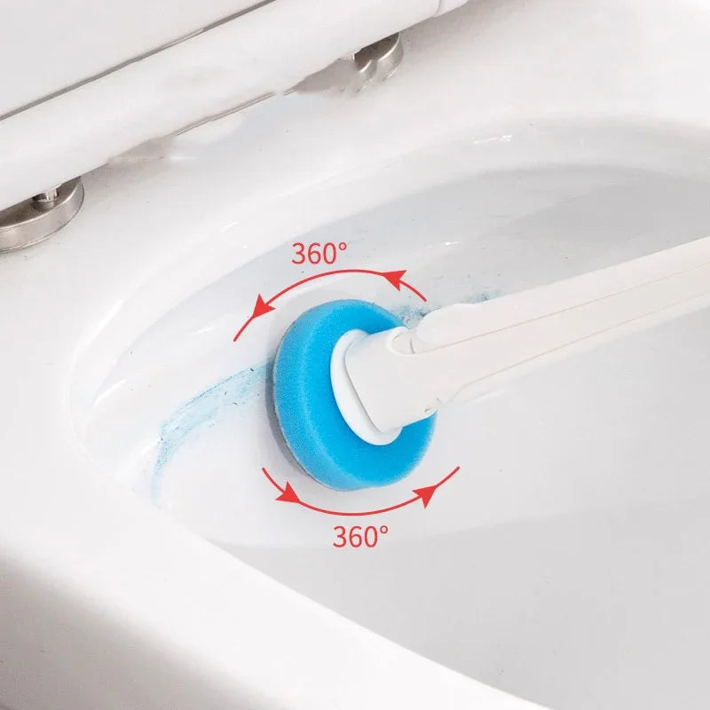 Toilet cleaning brush with blue 360-degree rotating sponge head scrubbing toilet bowl