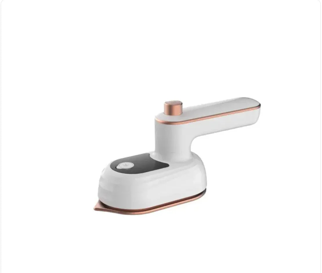 Handheld garment steamer in white with copper accents on a white background