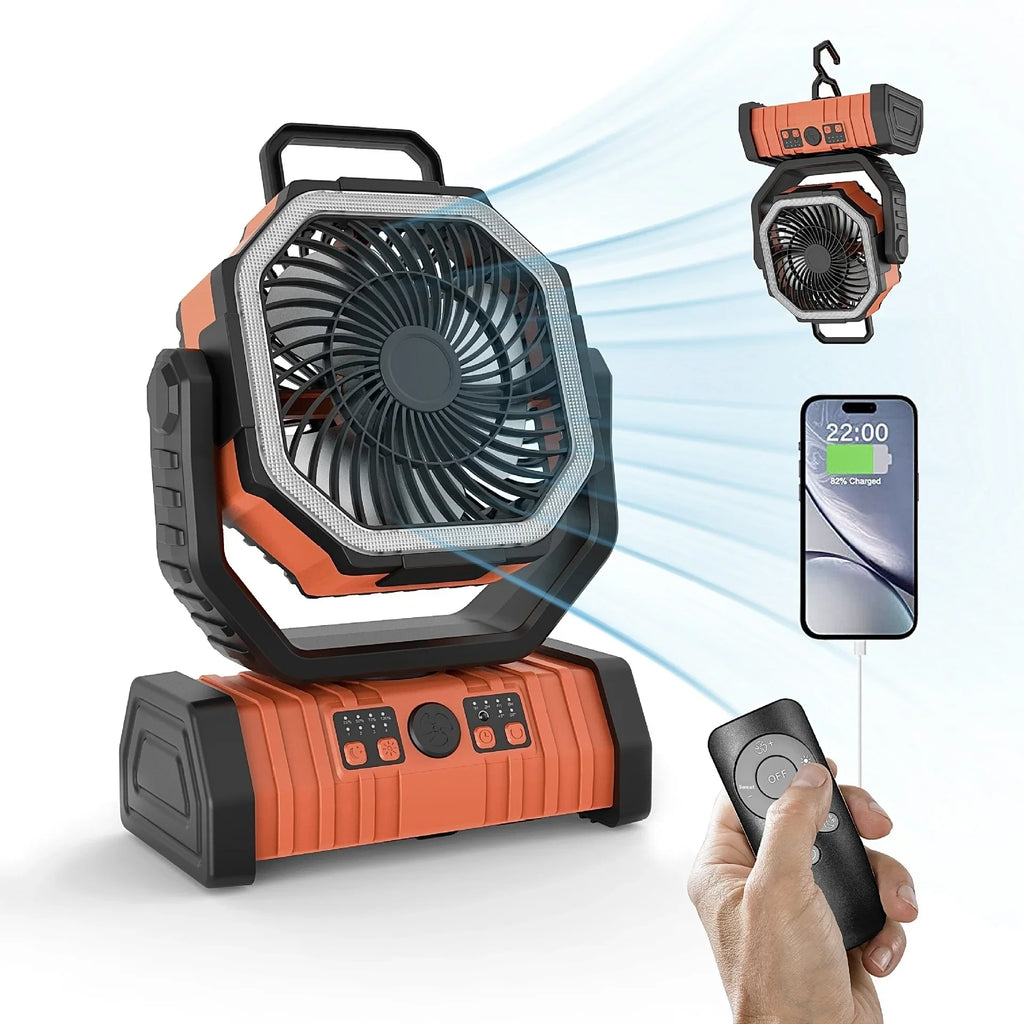 Portable orange camping fan with LED light, remote control, phone charging, and hanging hook