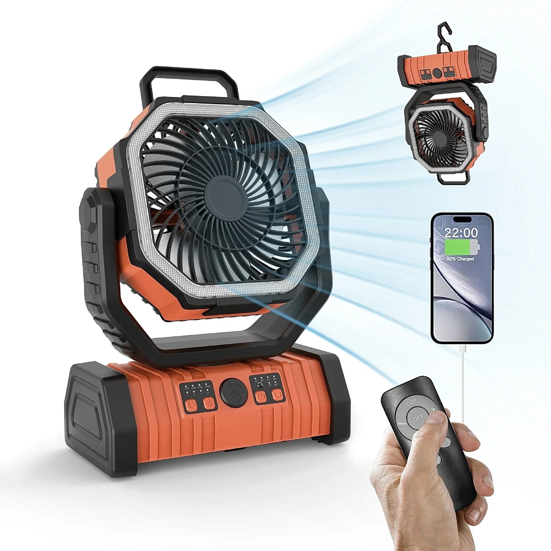 Portable orange camping fan with LED light, remote control, phone charging, and hanging hook