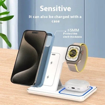 3-in-1 wireless charging station charging smartphone, smartwatch, and earbuds on a desk