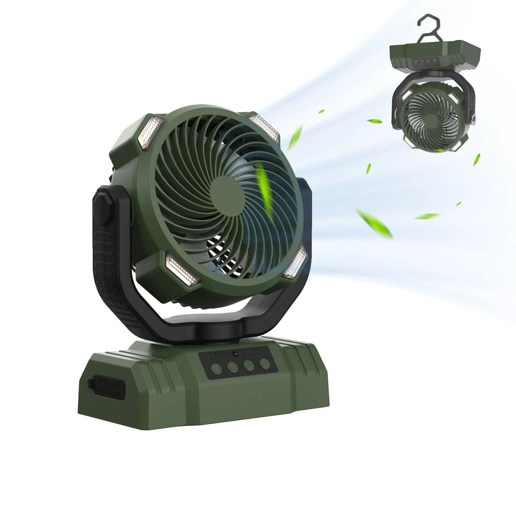 Portable green camping fan with LED lights and air flow, detachable for hanging use