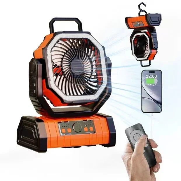 Portable orange and black rechargeable fan with remote, USB phone charging, and hanging hook.
