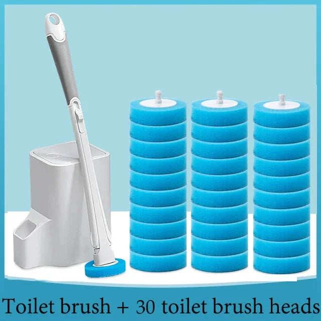Toilet brush set with holder and 30 blue disposable refill heads on light blue background.