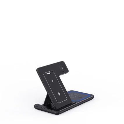 Foldable wireless charging station for phones and smartwatches, black, on white background.