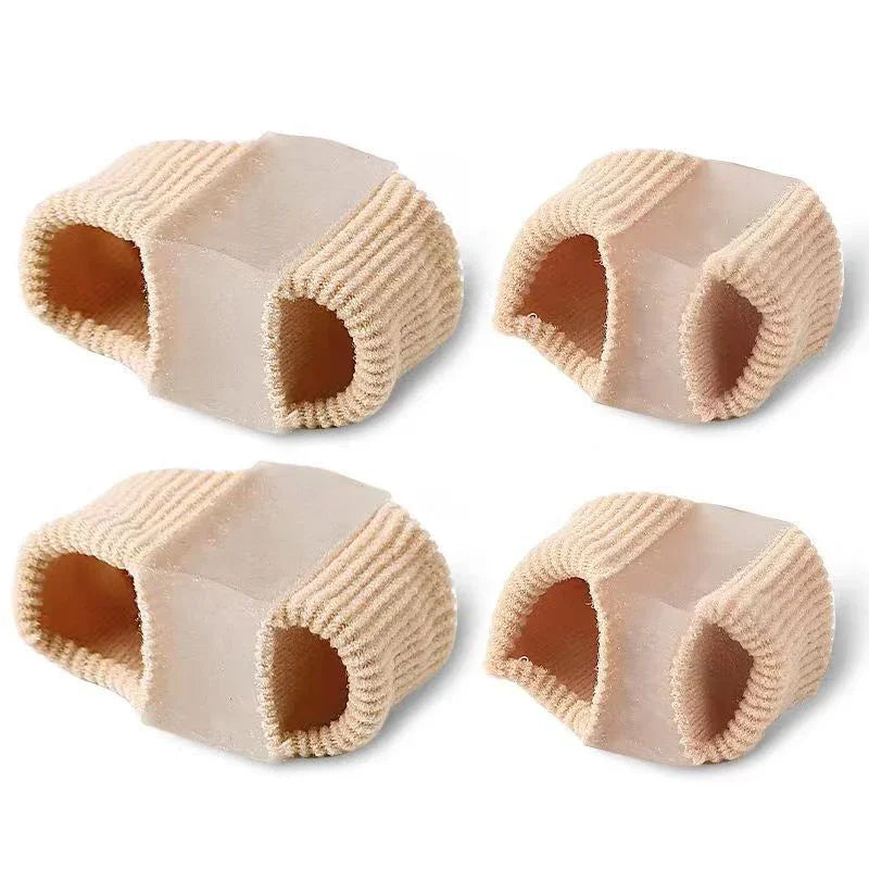 Set of four beige gel toe protectors with ribbed fabric sides for foot pain relief