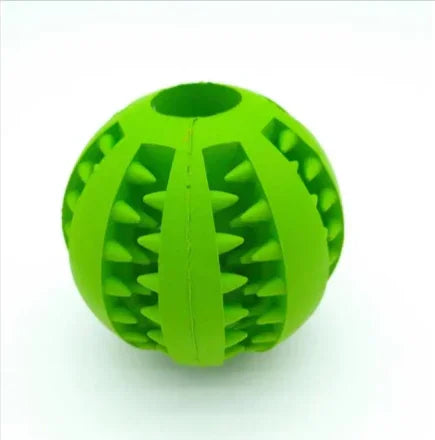 Green rubber pet chew ball with textured grooves for dogs on white background