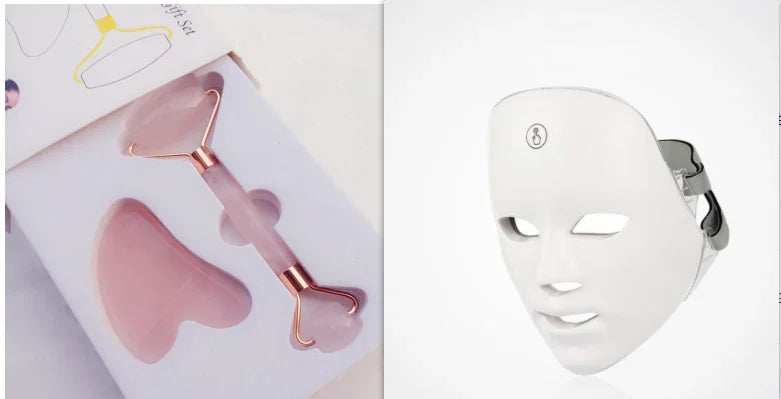 Rose quartz face roller set and white LED facial mask for skincare and beauty