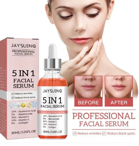 5 in 1 facial serum product packaging, serum bottle, and before and after skin improvement results