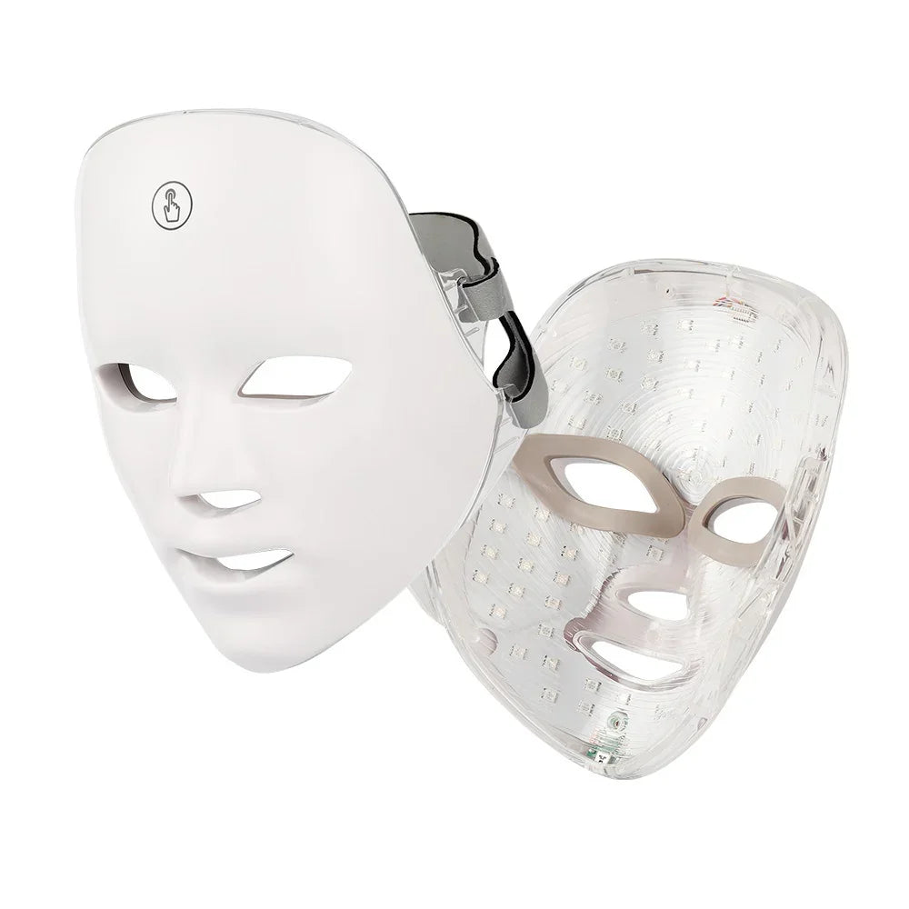 LED light therapy facial mask with adjustable strap, transparent and white design