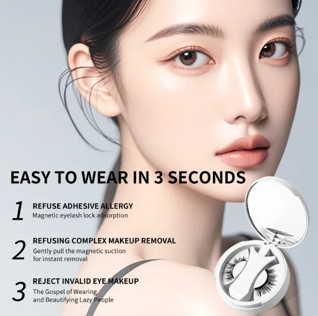 Woman wearing natural makeup with magnetic false eyelashes, compact lash case, benefits listed