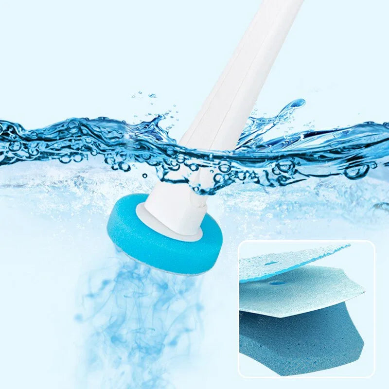 Blue sponge cleaning brush with white handle splashing in water, close-up of sponge layers