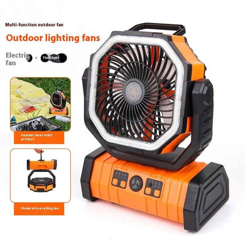 Portable orange outdoor fan with LED light, multifunction electric fan for camping and lighting.