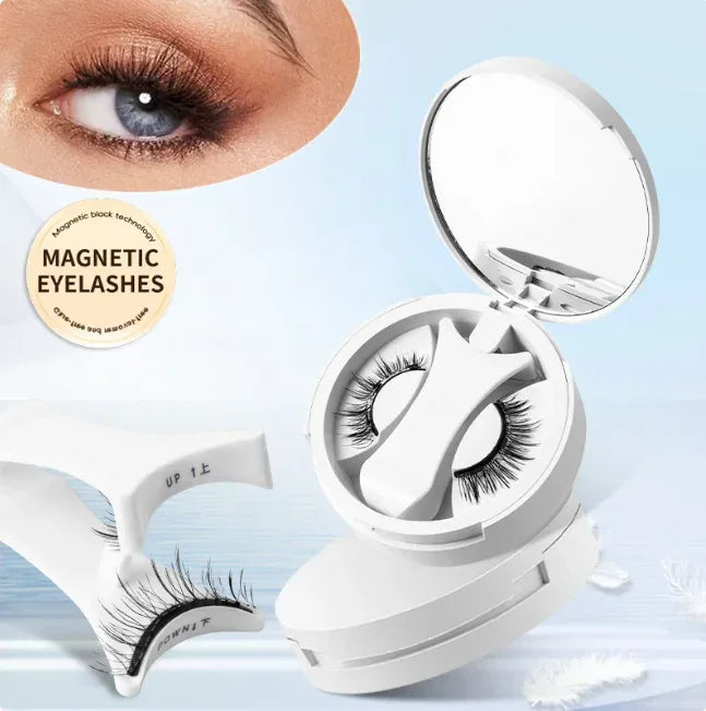 Magnetic eyelashes kit with applicator and case, close-up of eye wearing long lashes.