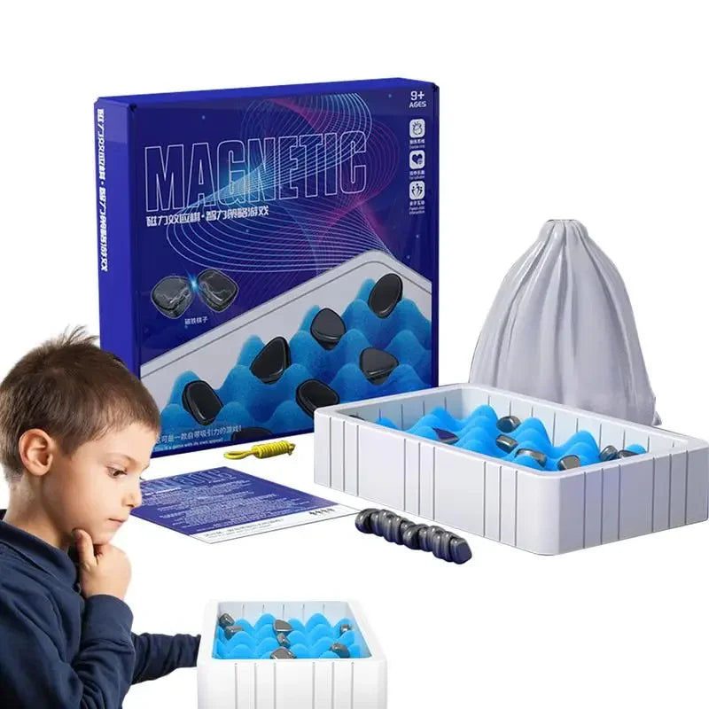 Magnetic sensory fidget toy set with blue foam, storage box, drawstring bag, and child playing.