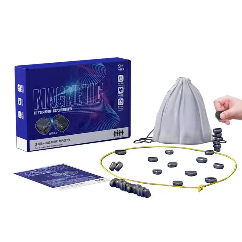 Magnetic stacking game set with black magnets, instruction sheet, yellow ring, and gray pouch.