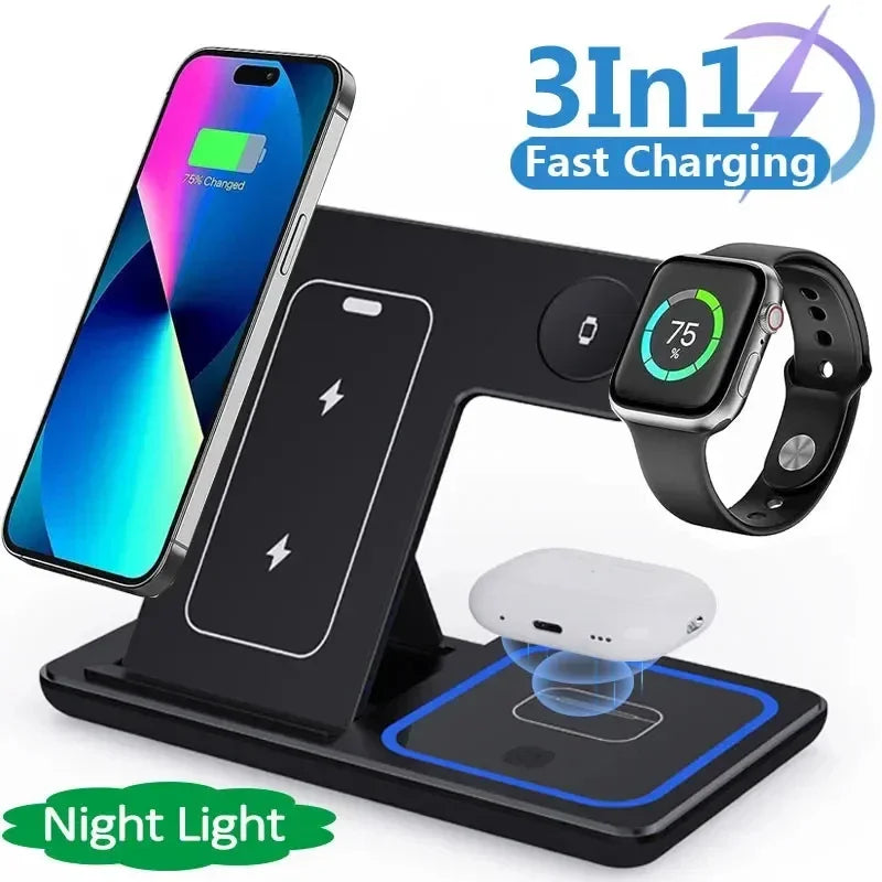3-in-1 wireless fast charging station for phone, smartwatch, and earbuds with night light