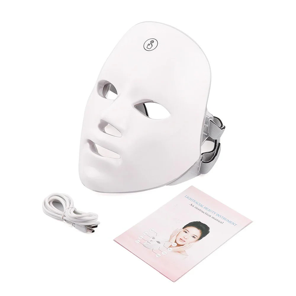 LED light therapy face mask with adjustable strap, USB cable, and user manual for skincare