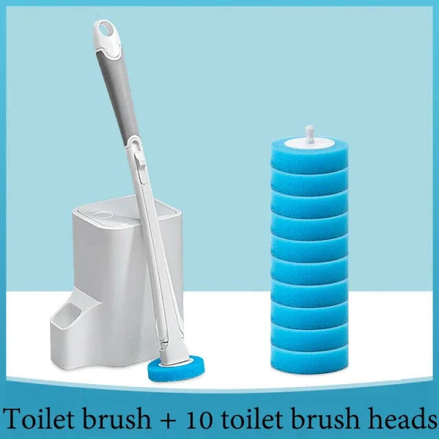Toilet brush with holder and 10 blue disposable brush heads on a light blue background.