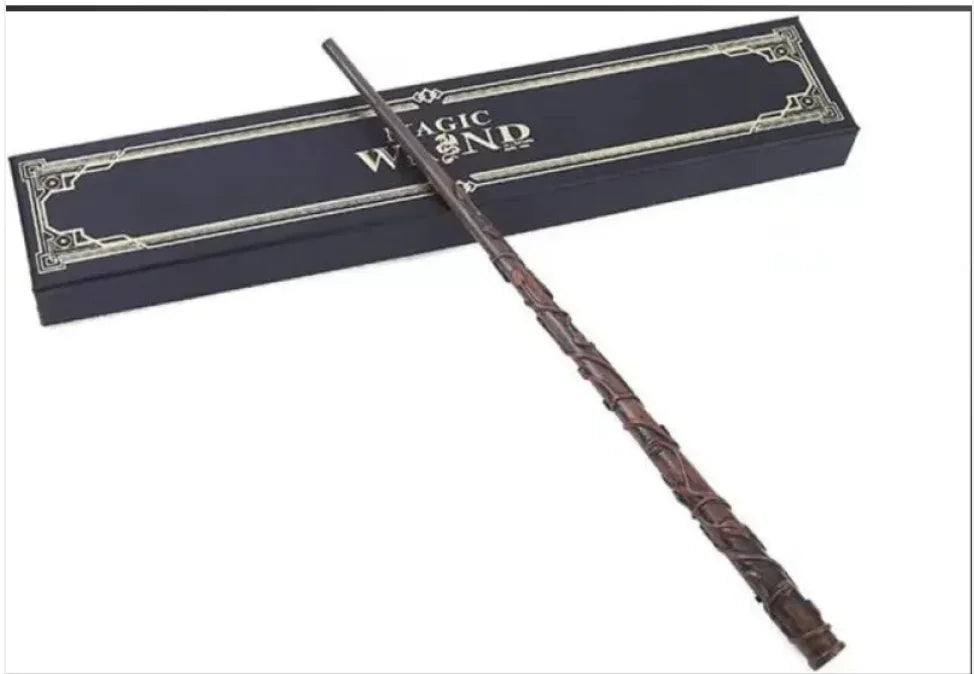 Decorative wooden magic wand with ornate box on white background, fantasy cosplay prop