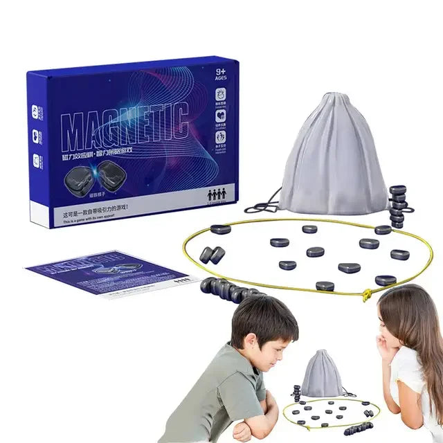 Magnetic stacking game set with magnets, storage bag, box, and two children playing