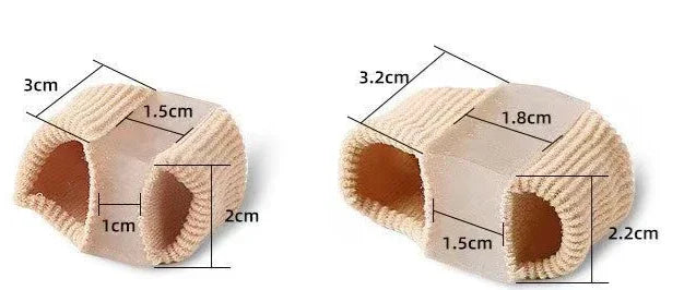 Two beige fabric toe protectors with measurement labels, cushioned tube design.