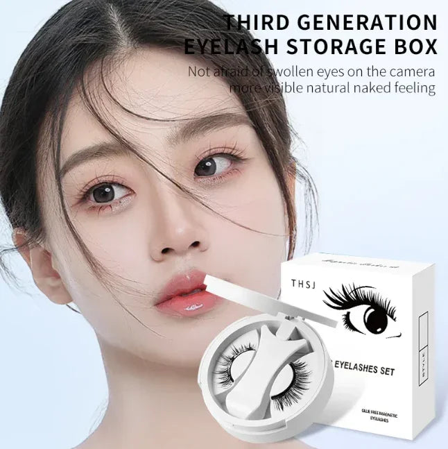 Woman wearing natural-looking false eyelashes with eyelash storage box and packaging shown