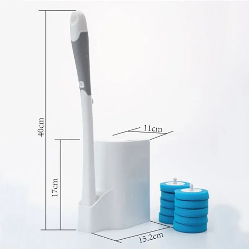 Toilet cleaning brush set with replaceable blue scrub pads and holder, shown with dimensions.
