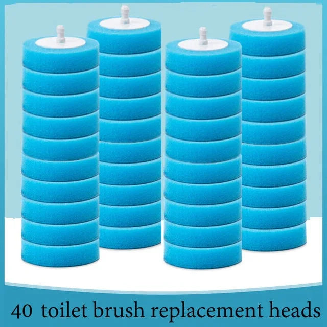 Blue toilet brush replacement heads stacked in four columns, pack of 40