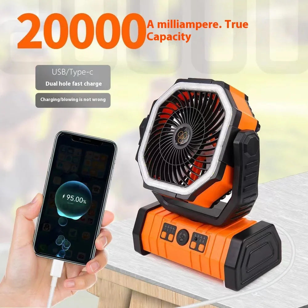Portable orange rechargeable fan with USB Type-C fast charging, charging a smartphone