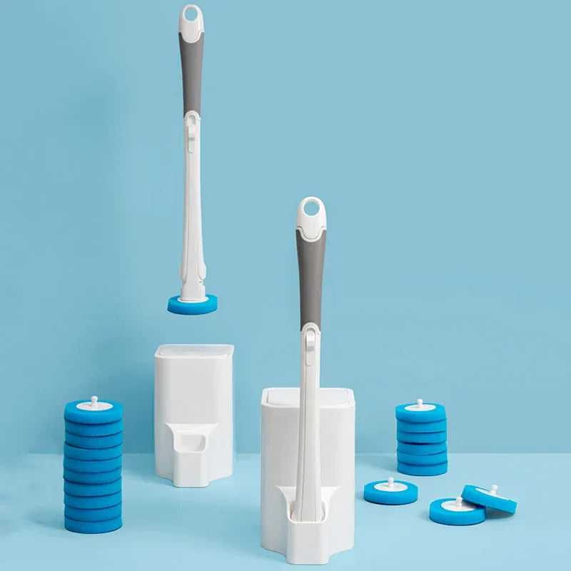 Toilet cleaning wand set with white holders and blue disposable scrubbing pads