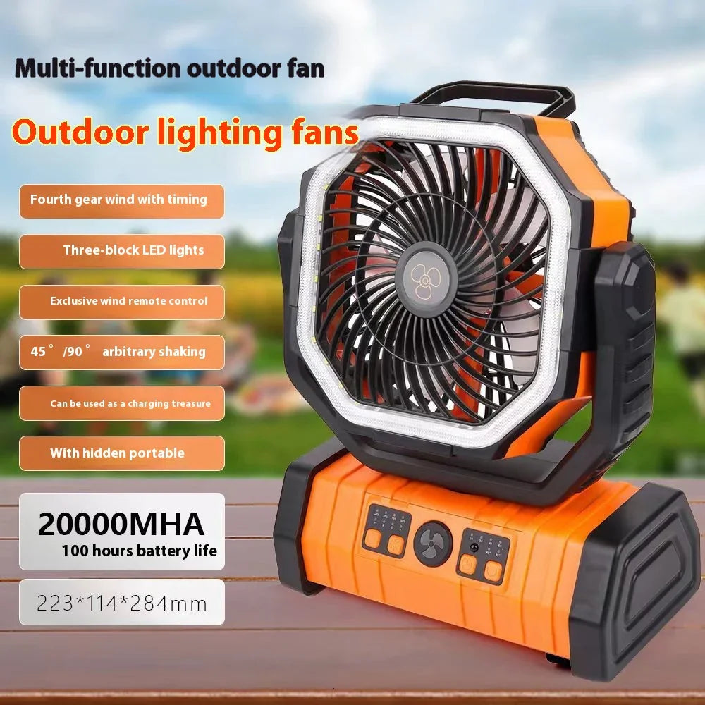 Portable orange multi-function outdoor fan with LED lights and remote control, on a wooden table outside.