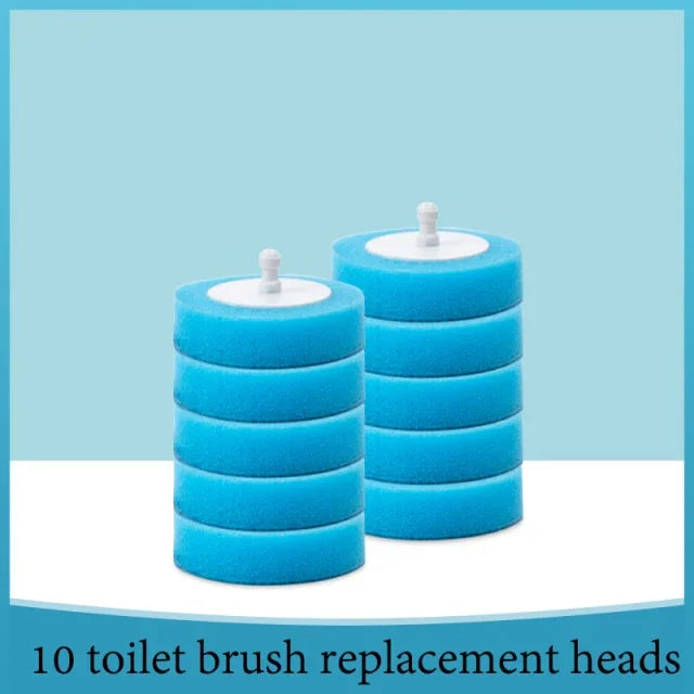 10 blue toilet brush replacement heads stacked on a clean light background