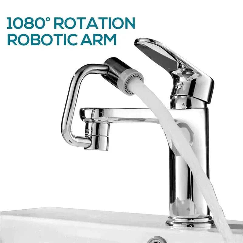 Chrome faucet with 1080-degree rotating robotic arm, water flowing in modern sink