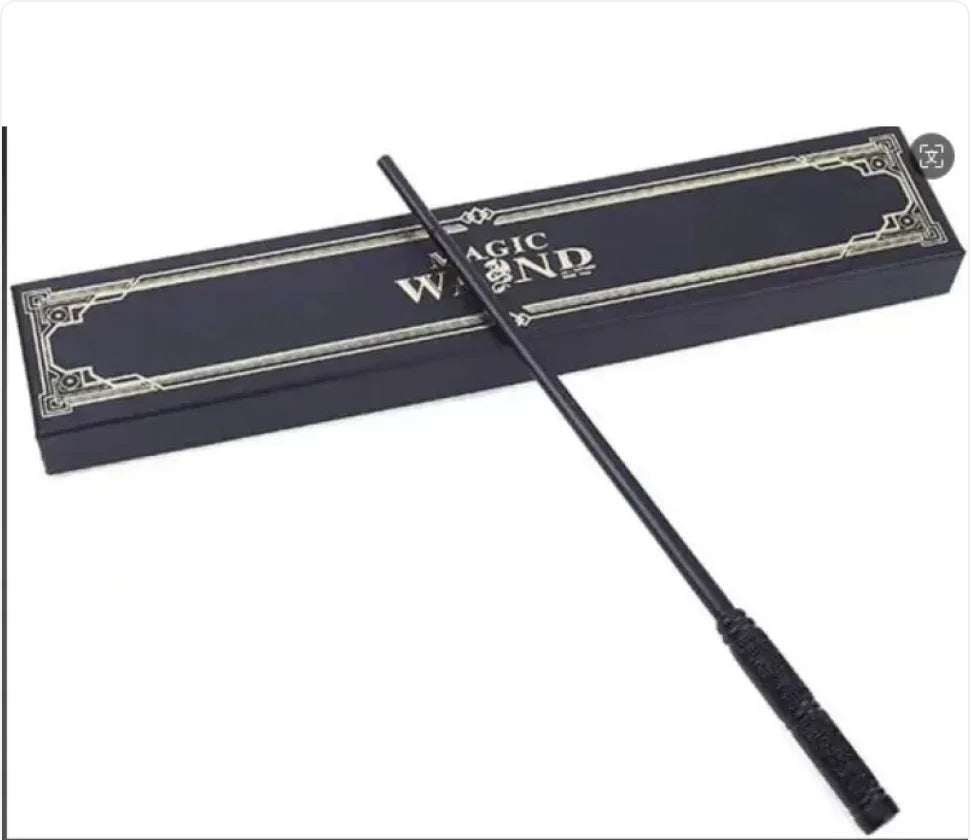 Black magic wand with textured handle and decorative box, fantasy cosplay accessory