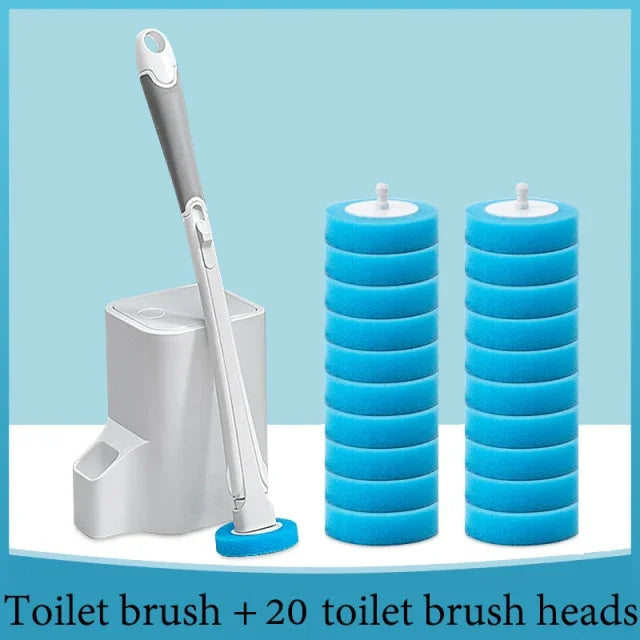 Toilet brush set with holder and 20 blue replaceable brush heads against light background