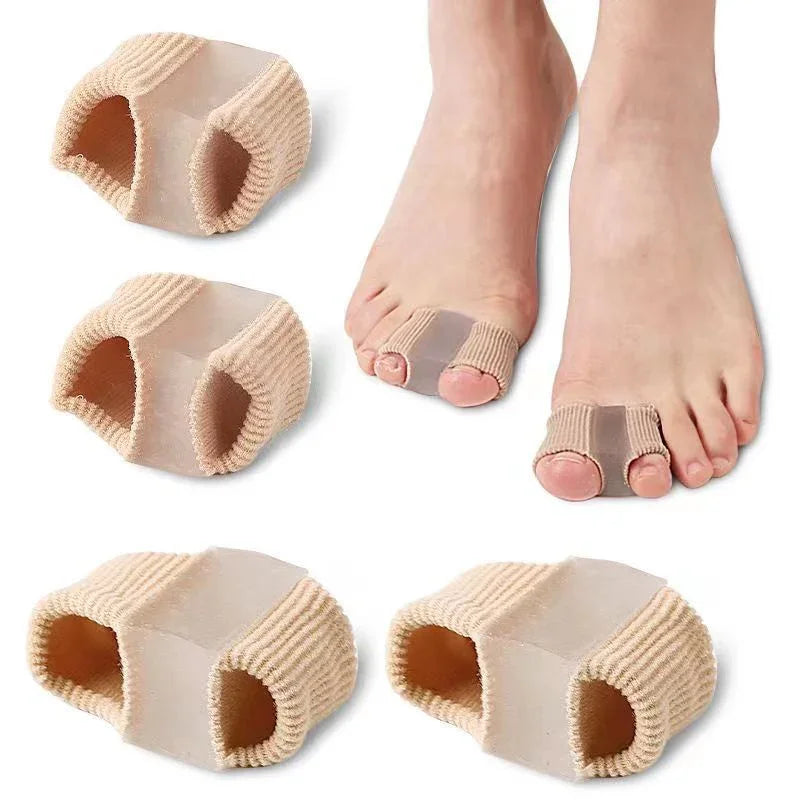 Toe separator pads for foot pain relief and toe alignment, shown on feet and individually.