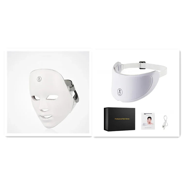 LED light therapy face mask and neck device set with accessories on white background