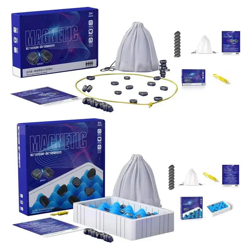Magnetic toy set with blue packaging, magnets, drawstring bag, and yellow string on white background