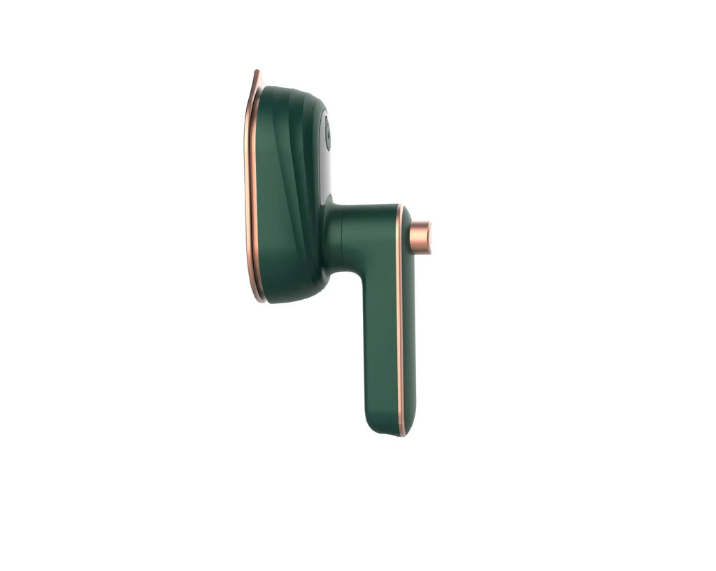 Green and gold handheld garment steamer side view on white background