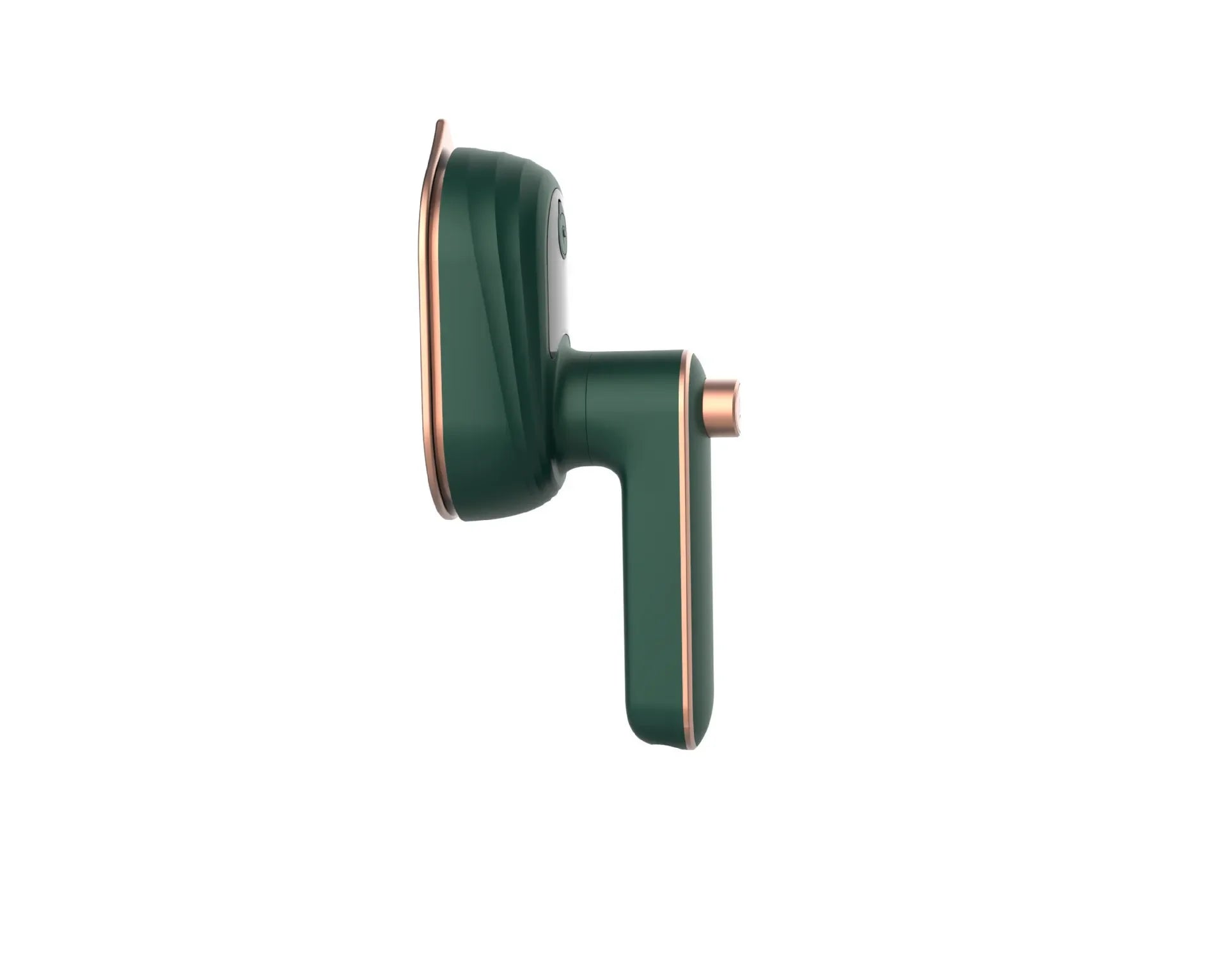 Green and gold handheld garment steamer side view on white background