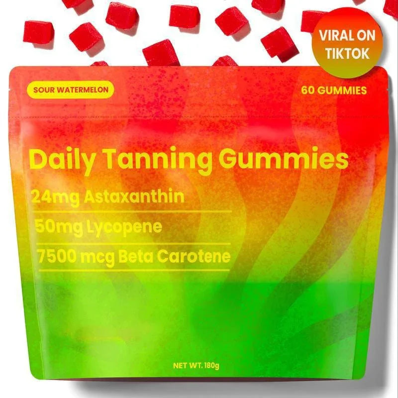 Daily Tanning Gummies sour watermelon flavor, 60 count pouch, with astaxanthin, lycopene, beta carotene, red gummies scattered above