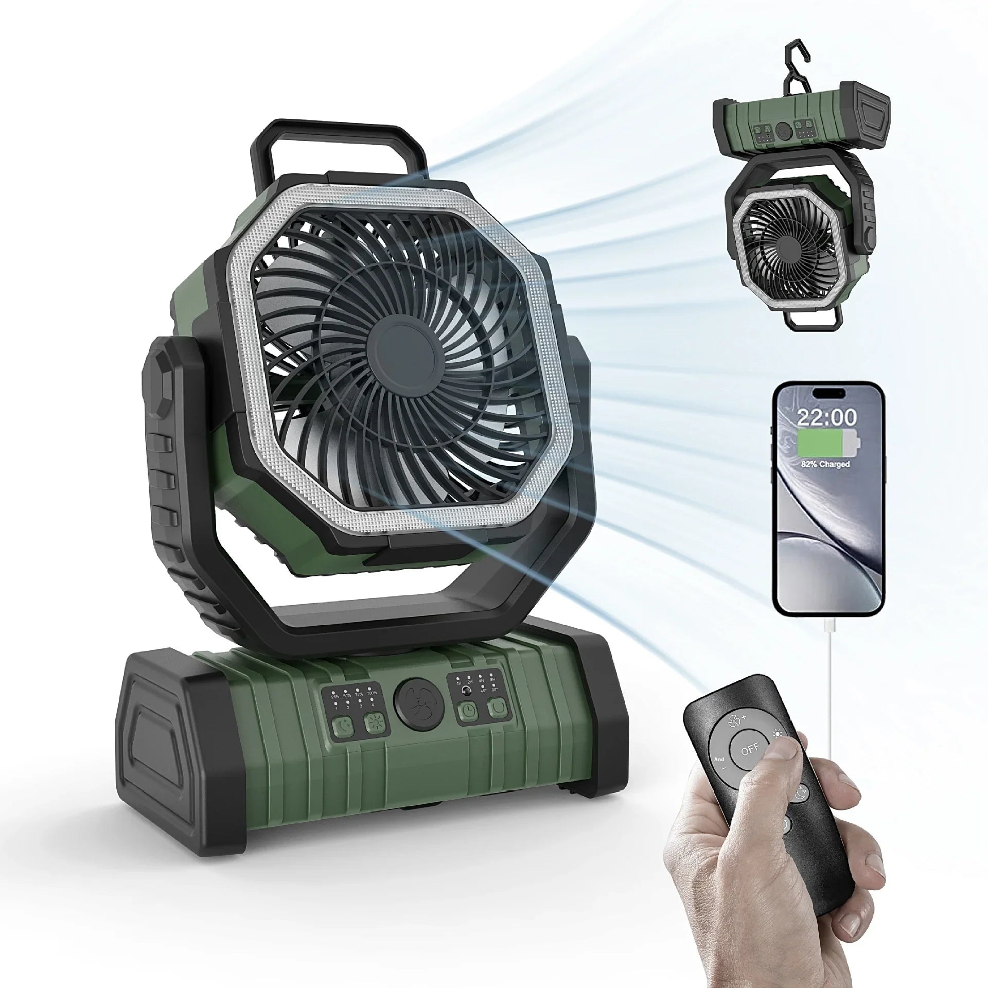 Portable rechargeable camping fan with LED light, remote control, and USB phone charging