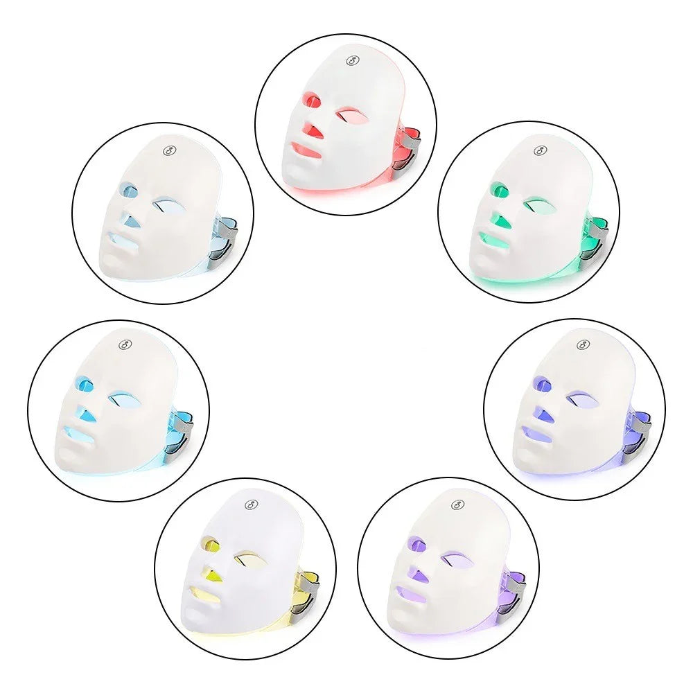 LED light therapy face masks in seven colors for skincare and beauty treatments