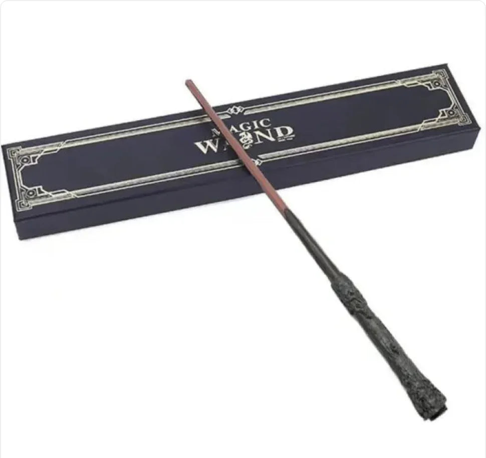 Magic wand with ornate handle and gift box, wizard cosplay accessory