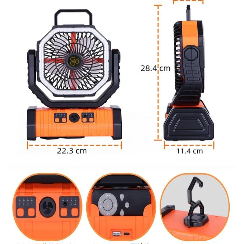 Portable orange camping fan with LED light, USB port, control panel, and hanging hook, product dimensions labeled.