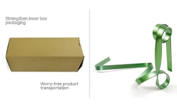 Brown shipping box with labeled secure packaging and green packing ribbon for safe delivery