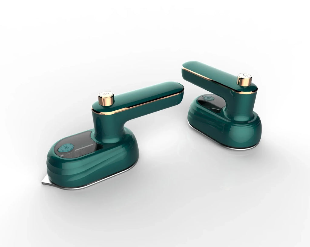 Modern handheld steam irons in glossy teal with gold accents on a white background