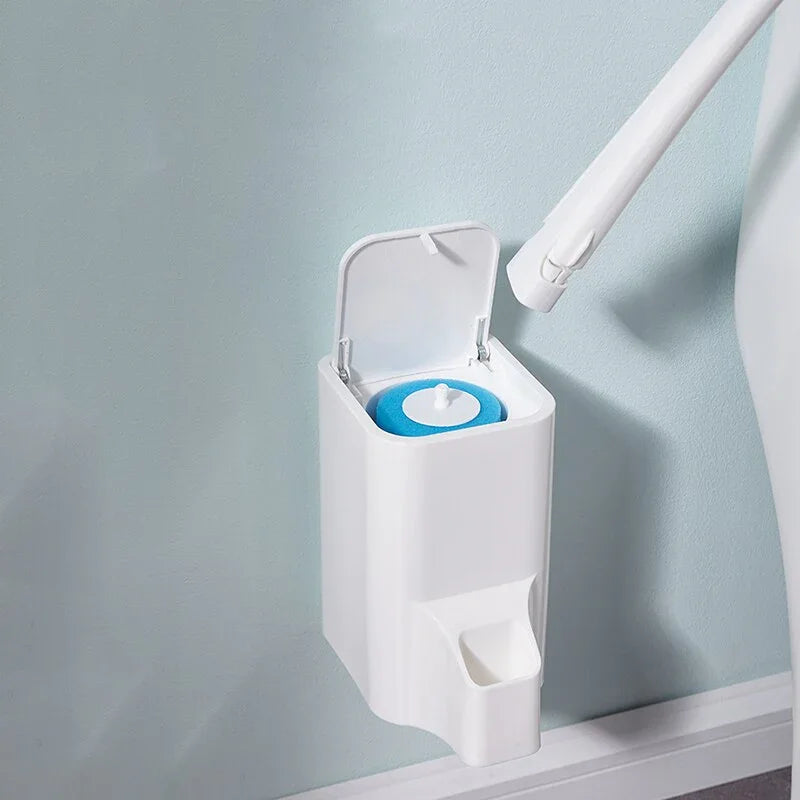 Wall-mounted toilet brush holder with blue cleaning tablet, modern bathroom accessory